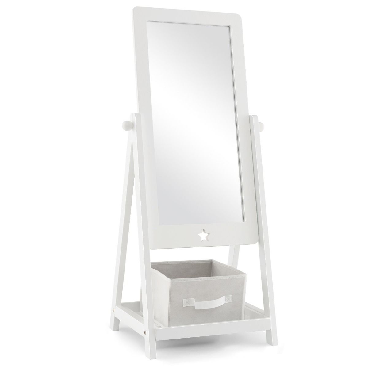 Coast 360° Draaibare Kindervloerspiegel met Stoffen Opbergbak, Stermotief en 2 Haken – Wit, 45x40x112 cm