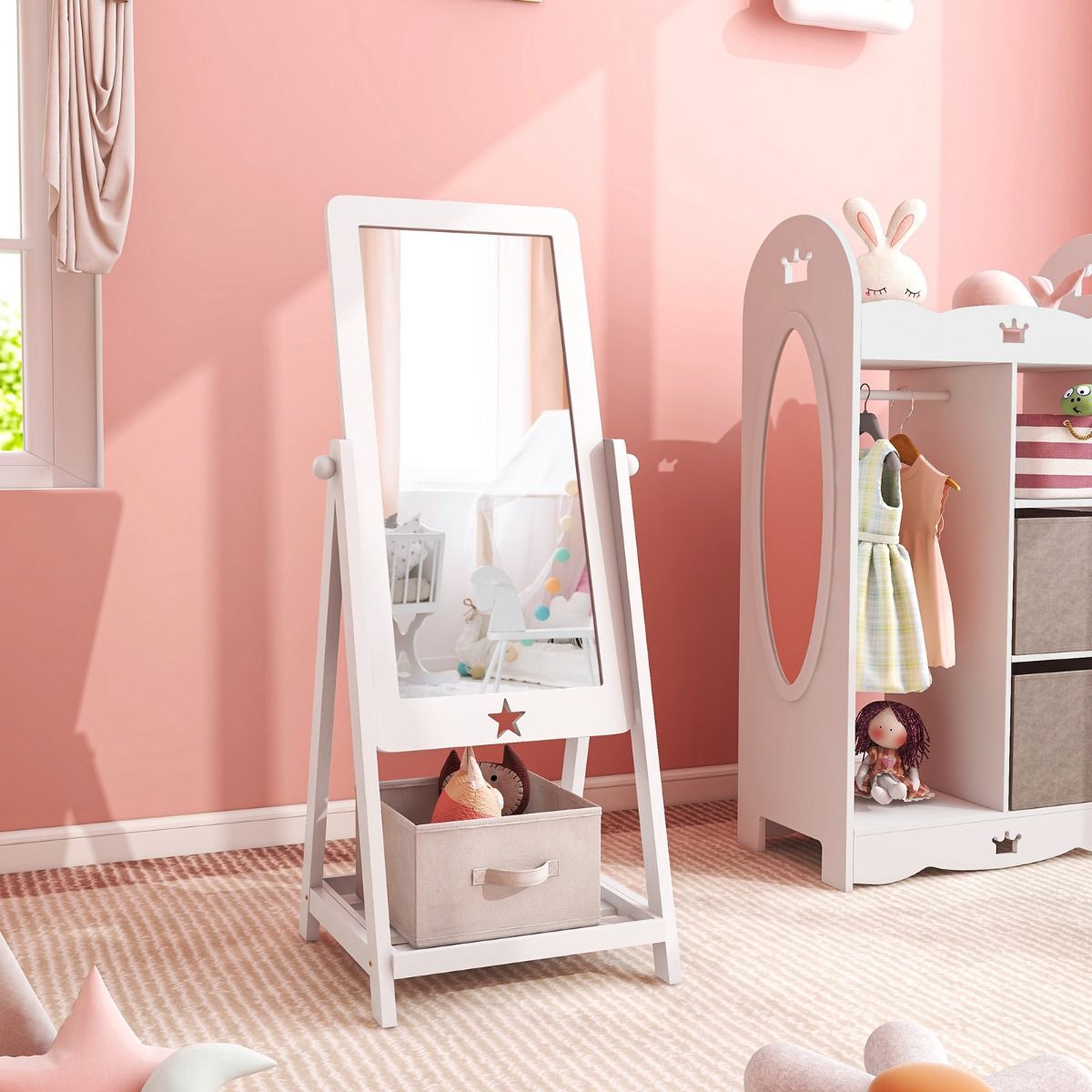 Coast 360° Draaibare Kindervloerspiegel met Stoffen Opbergbak, Stermotief en 2 Haken – Wit, 45x40x112 cm