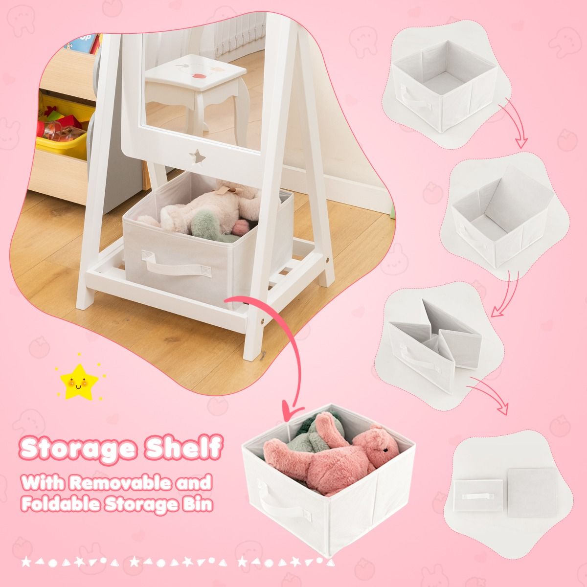 Coast 360° Draaibare Kindervloerspiegel met Stoffen Opbergbak, Stermotief en 2 Haken – Wit, 45x40x112 cm