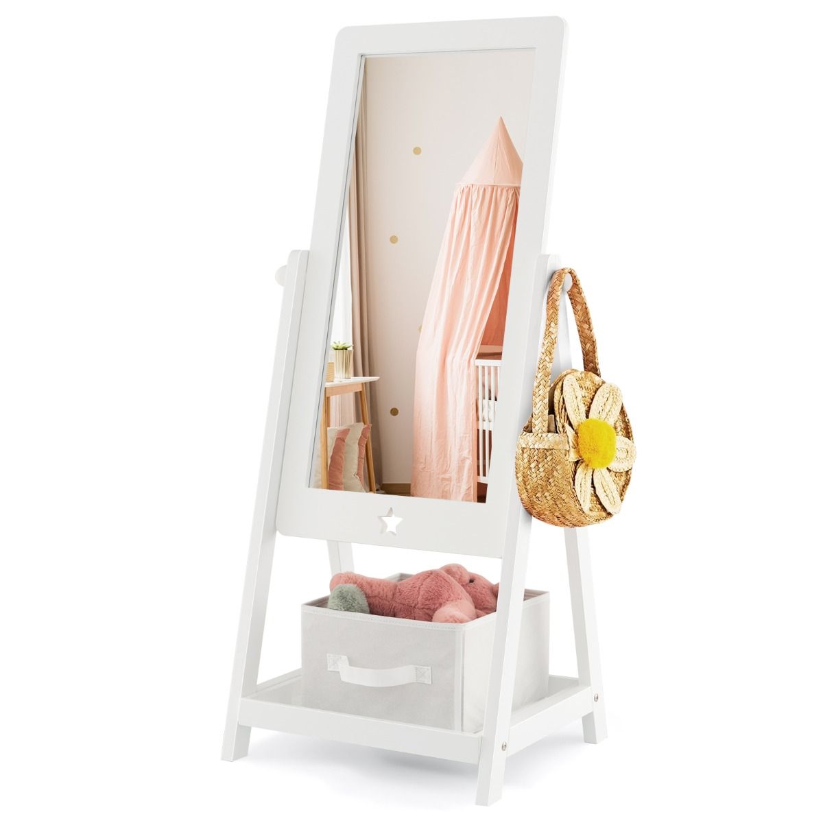 Coast 360° Draaibare Kindervloerspiegel met Stoffen Opbergbak, Stermotief en 2 Haken – Wit, 45x40x112 cm