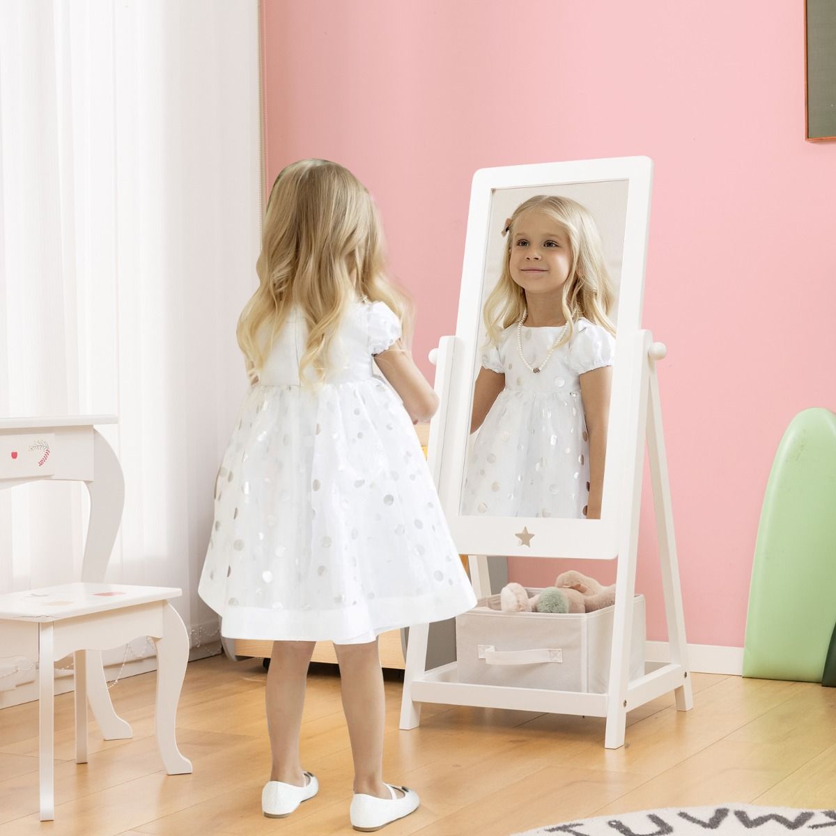 Coast 360° Draaibare Kindervloerspiegel met Stoffen Opbergbak, Stermotief en 2 Haken – Wit, 45x40x112 cm