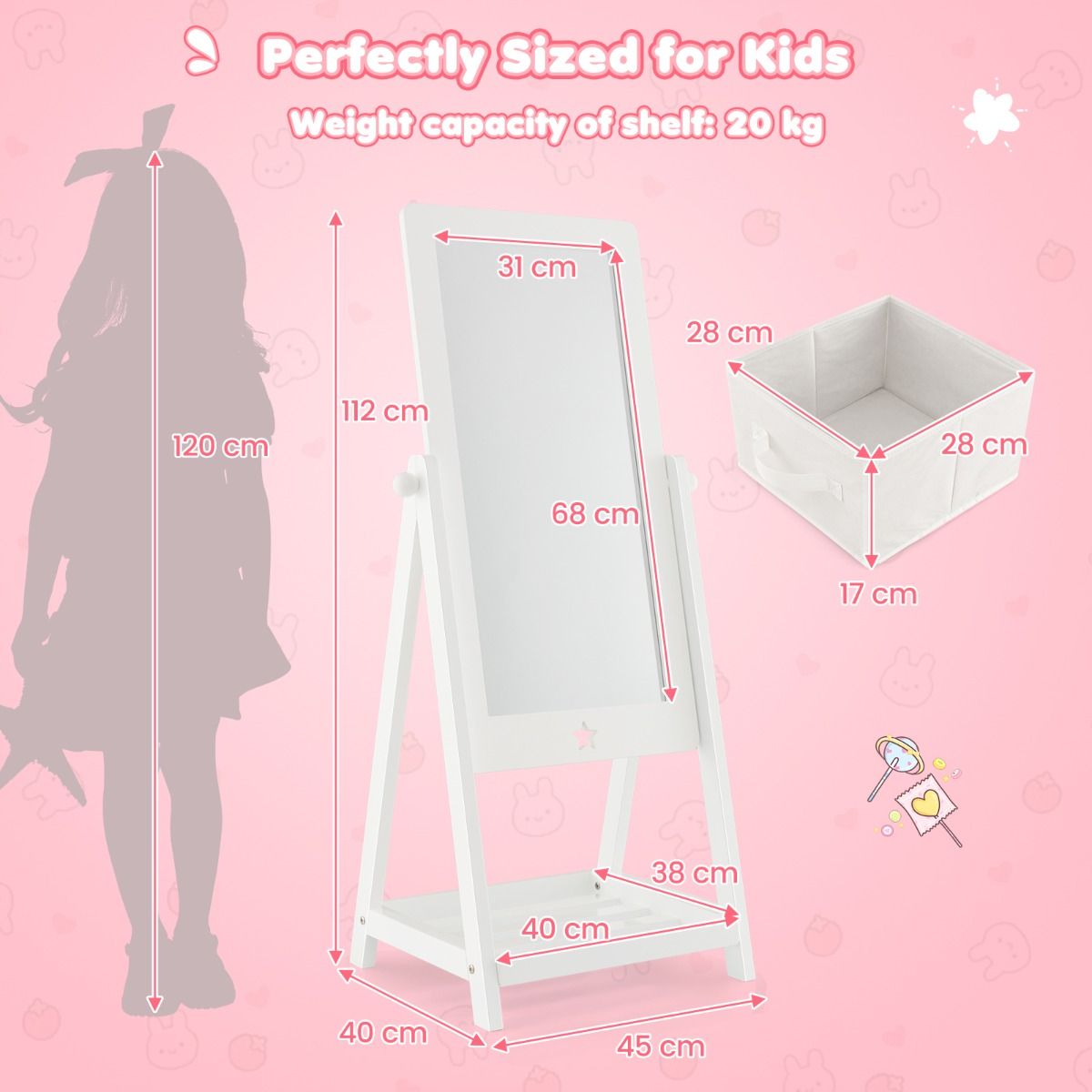 Coast 360° Draaibare Kindervloerspiegel met Stoffen Opbergbak, Stermotief en 2 Haken – Wit, 45x40x112 cm