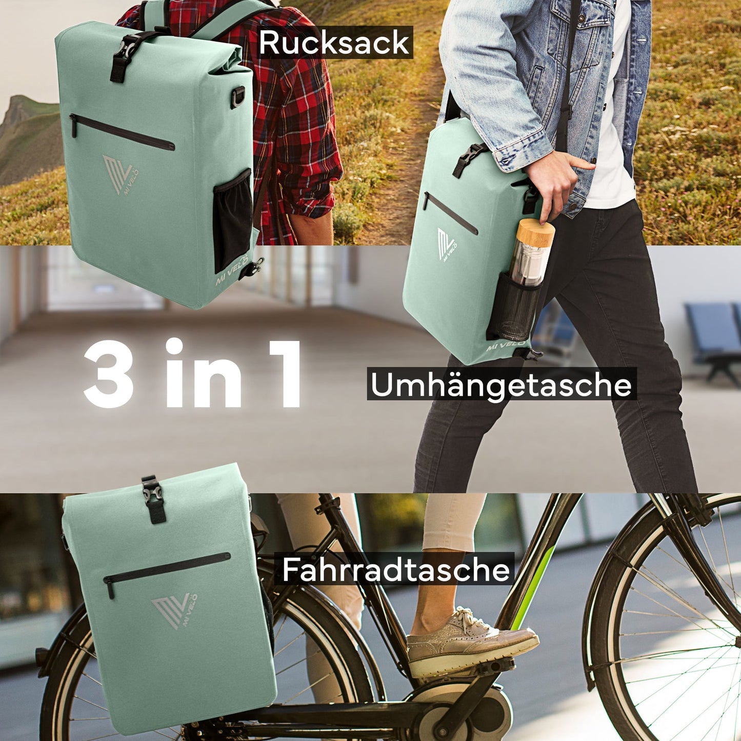 MIVELO 3-in-1 Fietstas – Waterdicht – Met Schouderriem en Rugzakfunctie – 25L – Mint