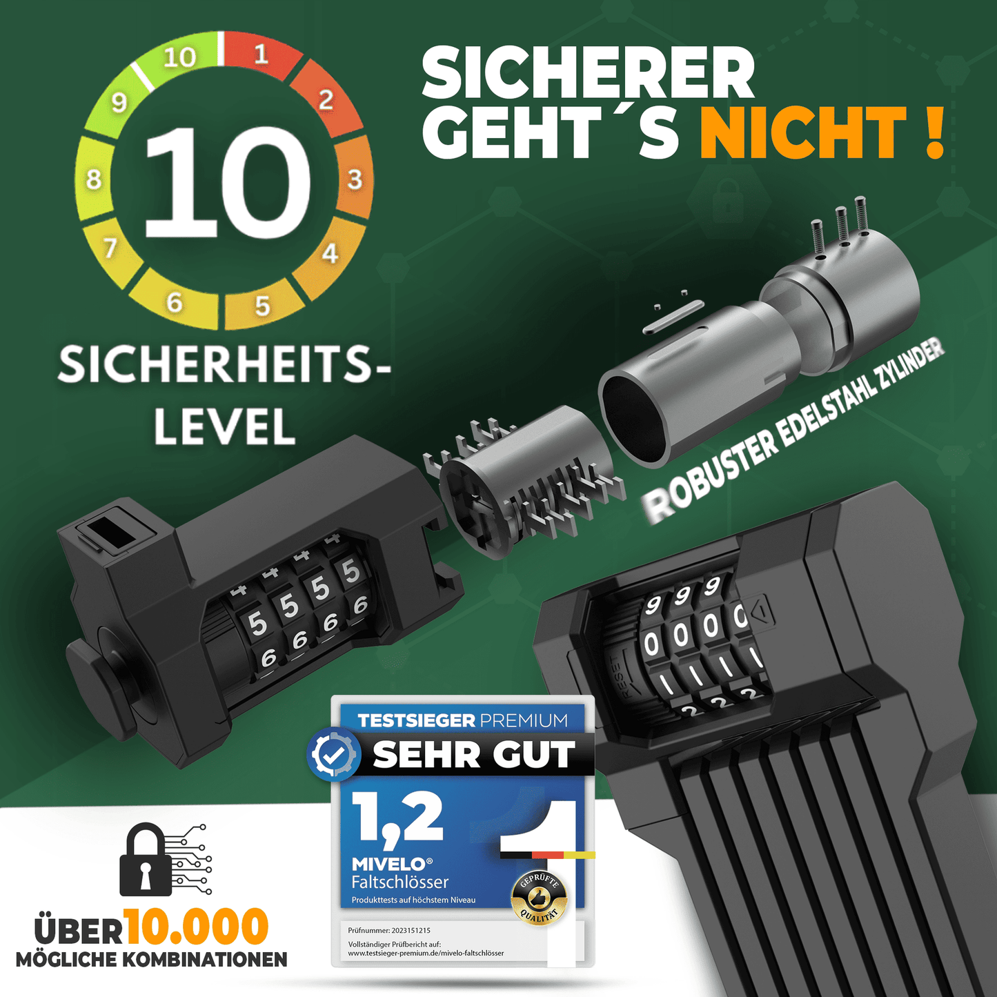 MIVELO - Vouwslot Met Cijfercode - 120 cm Lang - Watervast - Beveiligingsniveau 10/10 - Carbonstaal - Zwart