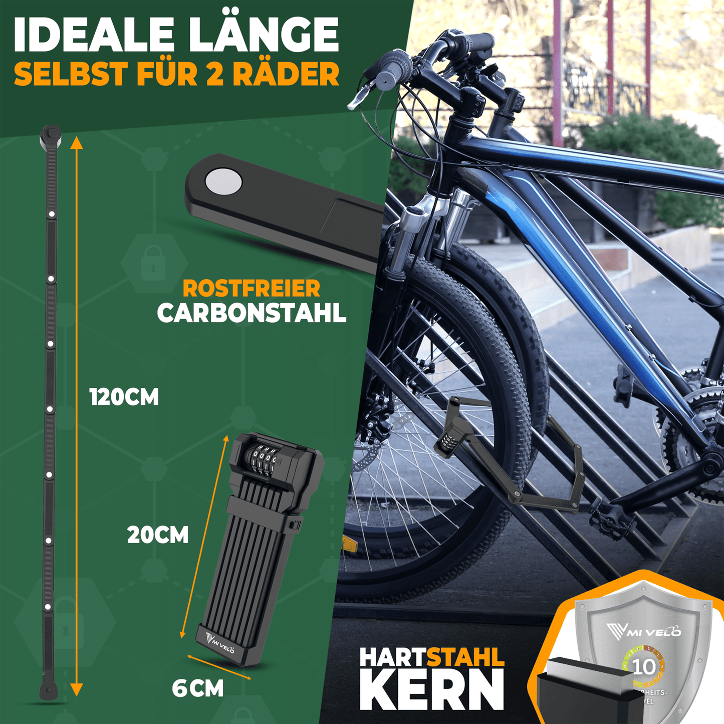 MIVELO - Vouwslot Met Cijfercode - 120 cm Lang - Watervast - Beveiligingsniveau 10/10 - Carbonstaal - Zwart