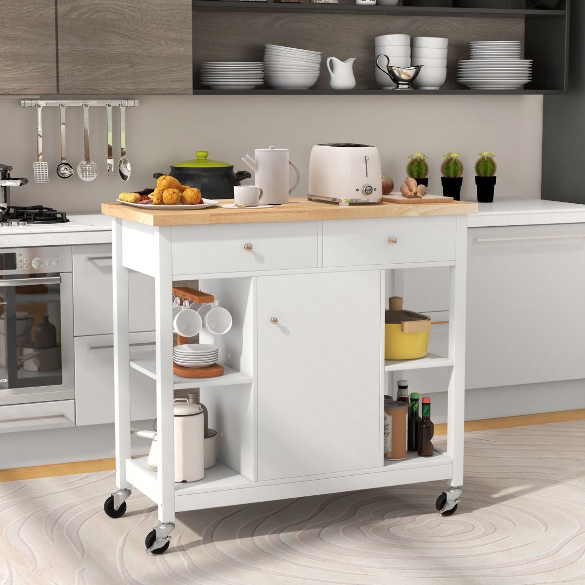 Coast Mobiele Keukentrolley Rollend Keukeneiland Wit 99 x 46 x 90 cm met Rubberen Houten Blad, 4 Open Planken, 2 Diepe Lades en 1 Gesloten Kast