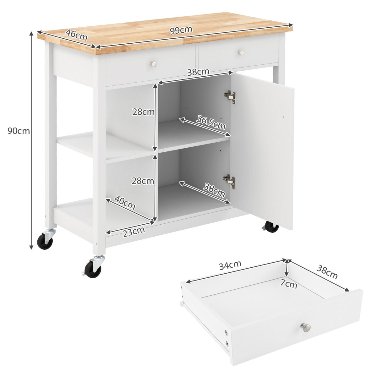 Coast Mobiele Keukentrolley Rollend Keukeneiland Wit 99 x 46 x 90 cm met Rubberen Houten Blad, 4 Open Planken, 2 Diepe Lades en 1 Gesloten Kast