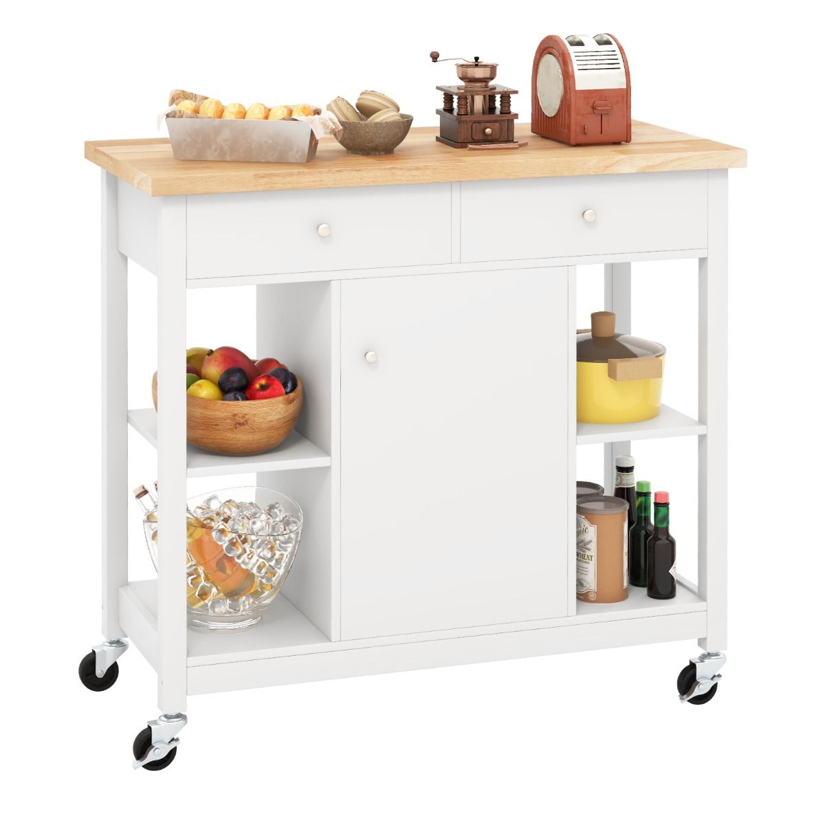 Coast Mobiele Keukentrolley Rollend Keukeneiland Wit 99 x 46 x 90 cm met Rubberen Houten Blad, 4 Open Planken, 2 Diepe Lades en 1 Gesloten Kast