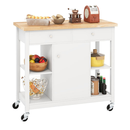 Coast Mobiele Keukentrolley Rollend Keukeneiland Wit 99 x 46 x 90 cm met Rubberen Houten Blad, 4 Open Planken, 2 Diepe Lades en 1 Gesloten Kast