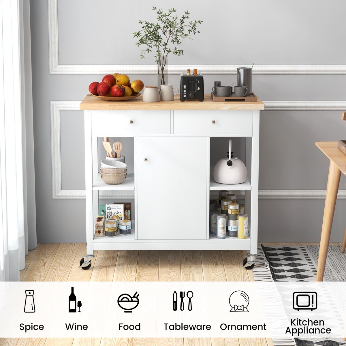 Coast Mobiele Keukentrolley Rollend Keukeneiland Wit 99 x 46 x 90 cm met Rubberen Houten Blad, 4 Open Planken, 2 Diepe Lades en 1 Gesloten Kast