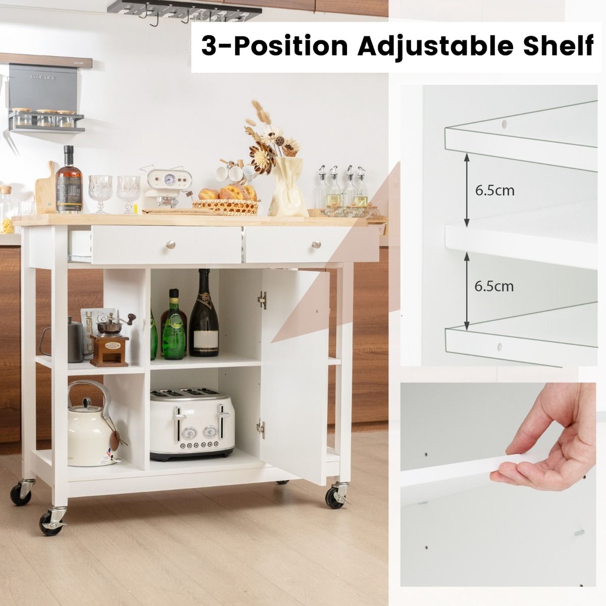Coast Mobiele Keukentrolley Rollend Keukeneiland Wit 99 x 46 x 90 cm met Rubberen Houten Blad, 4 Open Planken, 2 Diepe Lades en 1 Gesloten Kast