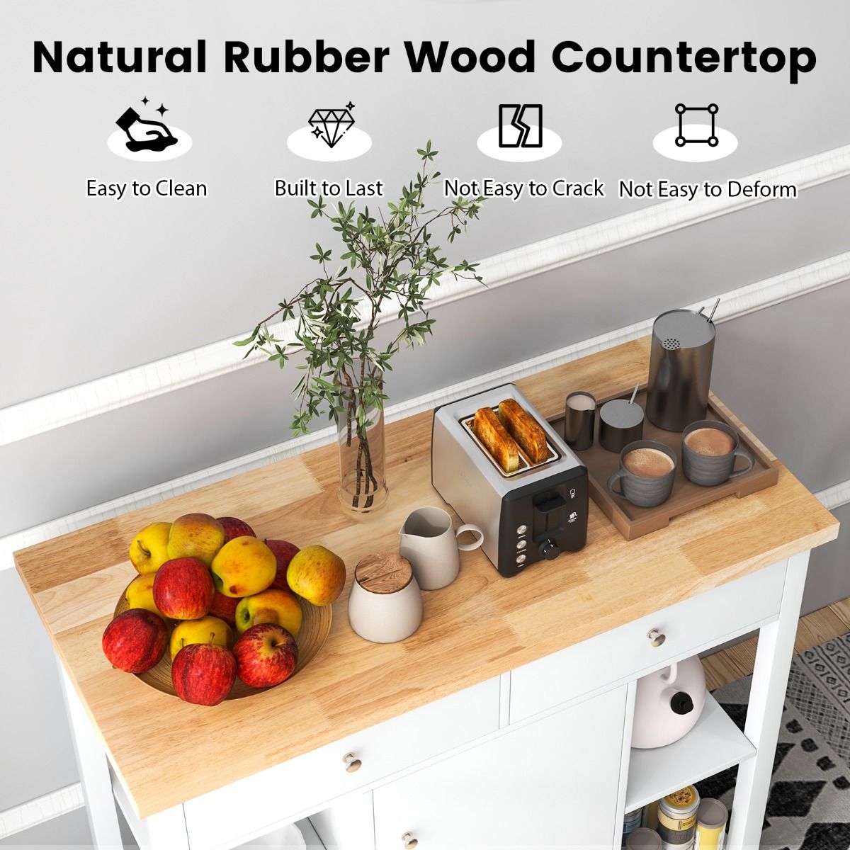 Coast Mobiele Keukentrolley Rollend Keukeneiland Wit 99 x 46 x 90 cm met Rubberen Houten Blad, 4 Open Planken, 2 Diepe Lades en 1 Gesloten Kast