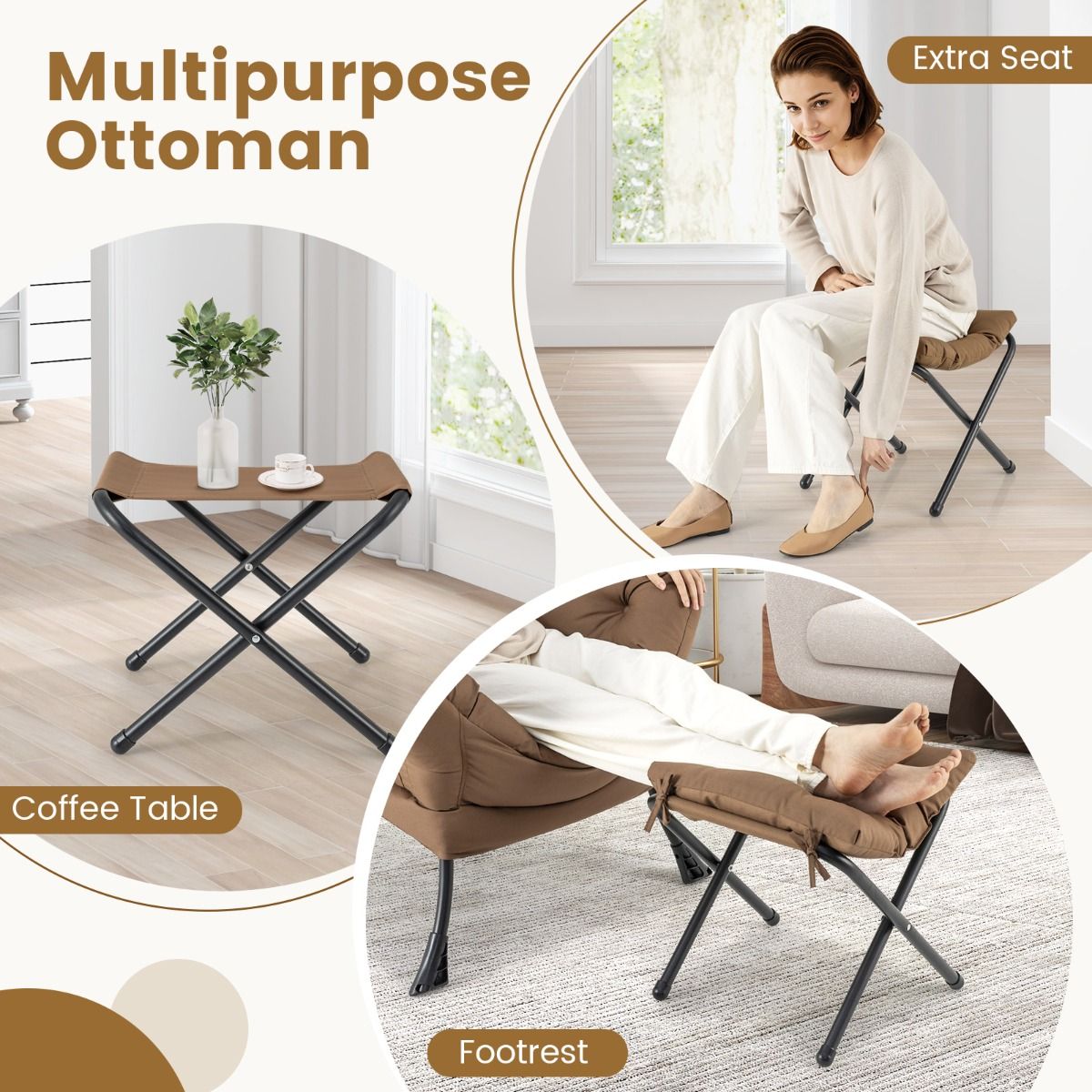 coast Fauteuil met Kruk – Relaxstoel met Armleuningen & Voetensteun – Loungestoel Televisiestoel Oorstoel – Bruin – 75x81x94,5 cm | Kruk 42x42x48 cm