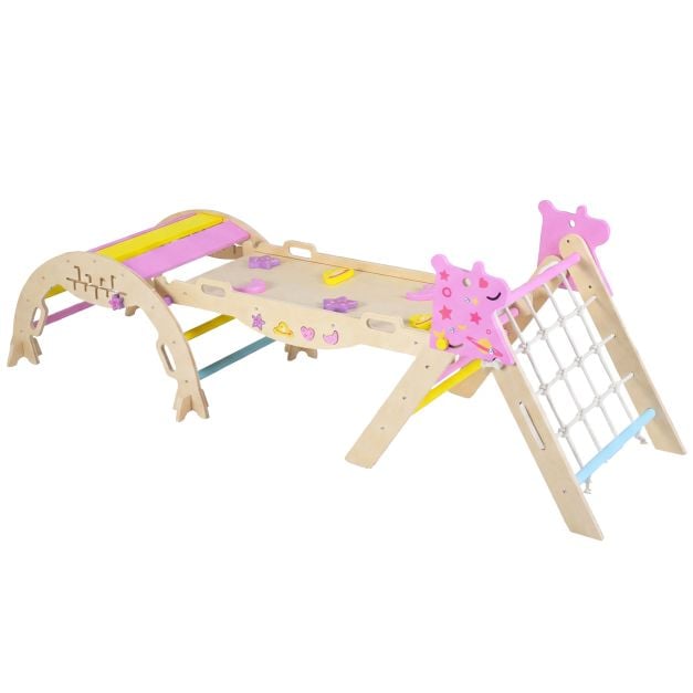 Coast Montessori Klimset Naturel/Macaron – Houten 8-in-1 Klimdriehoek met Boog en Glijbaan – 90 x 38,5 x 13 cm Ramp