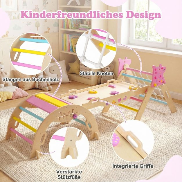 Coast Montessori Klimset Naturel/Macaron – Houten 8-in-1 Klimdriehoek met Boog en Glijbaan – 90 x 38,5 x 13 cm Ramp