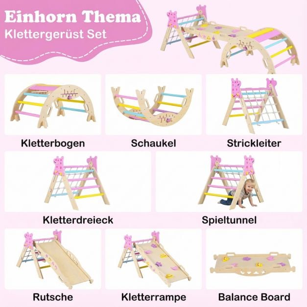 Coast Montessori Klimset Naturel/Macaron – Houten 8-in-1 Klimdriehoek met Boog en Glijbaan – 90 x 38,5 x 13 cm Ramp