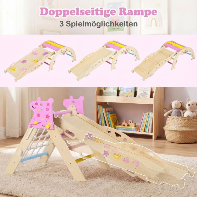 Coast Montessori Klimset Naturel/Macaron – Houten 8-in-1 Klimdriehoek met Boog en Glijbaan – 90 x 38,5 x 13 cm Ramp