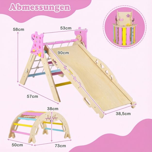 Coast Montessori Klimset Naturel/Macaron – Houten 8-in-1 Klimdriehoek met Boog en Glijbaan – 90 x 38,5 x 13 cm Ramp