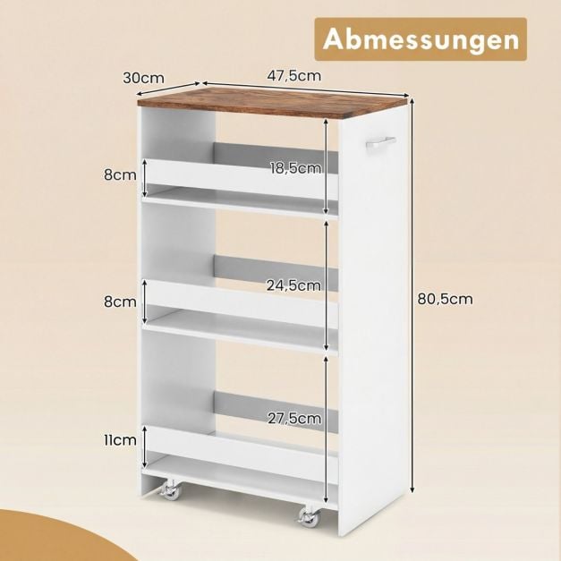 Coast Smalle Keukentrolley – 4-Laags Nisrek met Handgreep 47,5 x 30 x 80,5 cm – Wit
