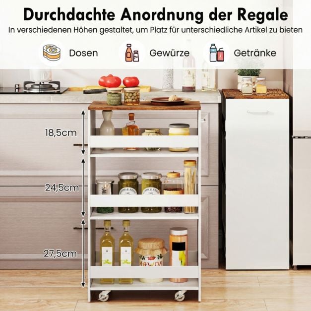 Coast Smalle Keukentrolley – 4-Laags Nisrek met Handgreep 47,5 x 30 x 80,5 cm – Wit
