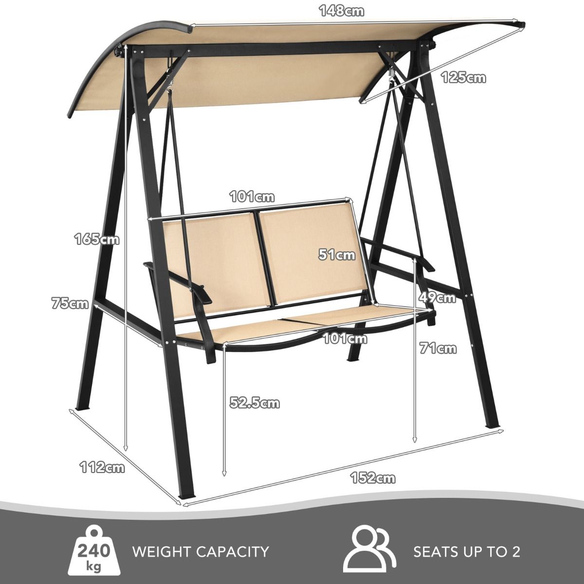 Coast Tuinschommel Met Luifel - 2-Zits - Metalen Frame - 152 x 112 x 165 cm - Beige