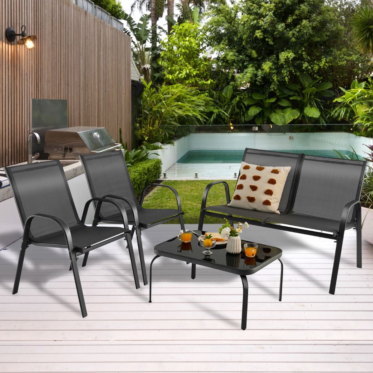 Coast 4-Delige Tuinmeubelset Zwart - Balkonset met Bank, 2 Stoelen en Tafel - 112 x 62 x 83 cm