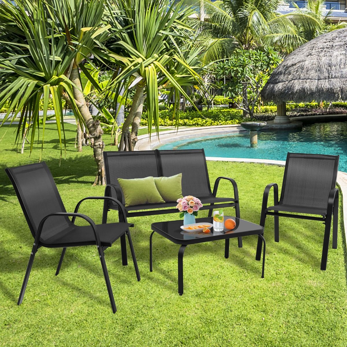 Coast 4-Delige Tuinmeubelset Zwart - Balkonset met Bank, 2 Stoelen en Tafel - 112 x 62 x 83 cm