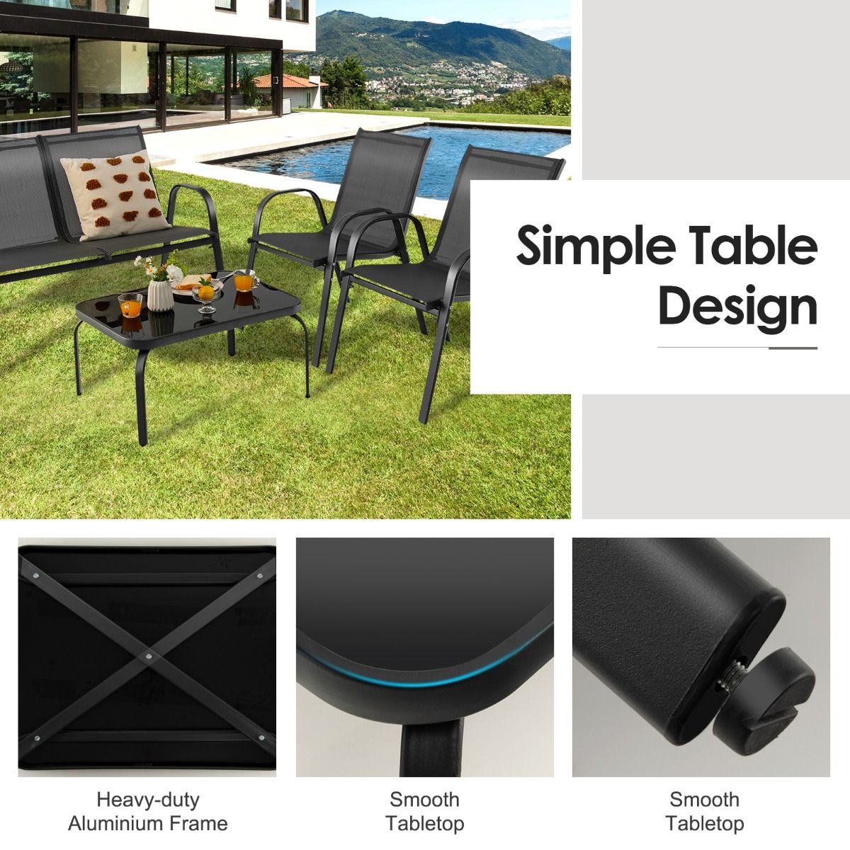 Coast 4-Delige Tuinmeubelset Zwart - Balkonset met Bank, 2 Stoelen en Tafel - 112 x 62 x 83 cm