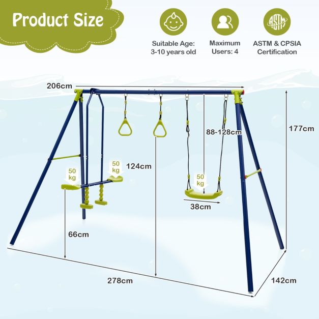 Coast Schommelset Kind – 3-in-1 met Wip & Gymringen – max. 200 kg – 278 x 142 x 177 cm – Blauw/Groen