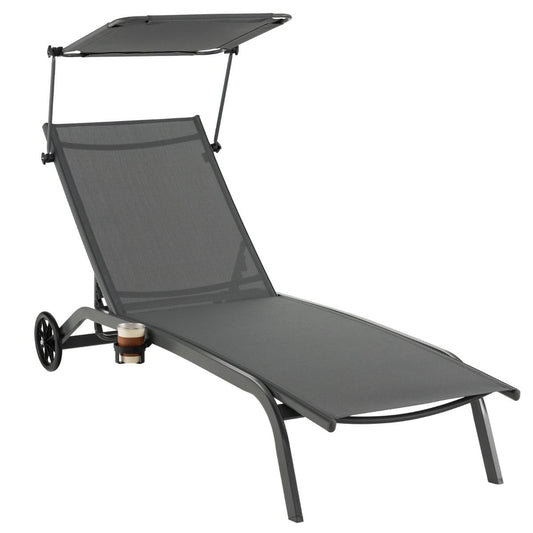 Coast Terrasligstoel Ligstoel voor Buiten Verstelbare Rugleuning met Kap en Bekerhouder - 165-191x61x40-96 cm - Grijs