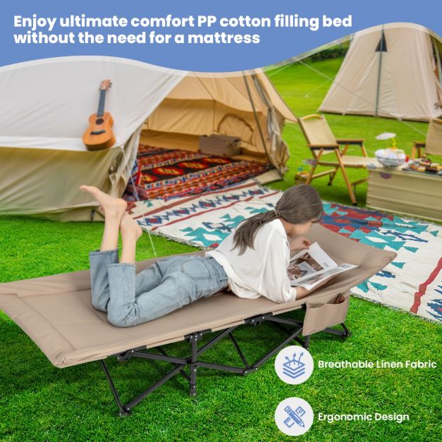 Coast Opvouwbaar Campingbed – Met Zijvak – Max. 200 kg – 190 x 68,5 x 38 cm – Kaki