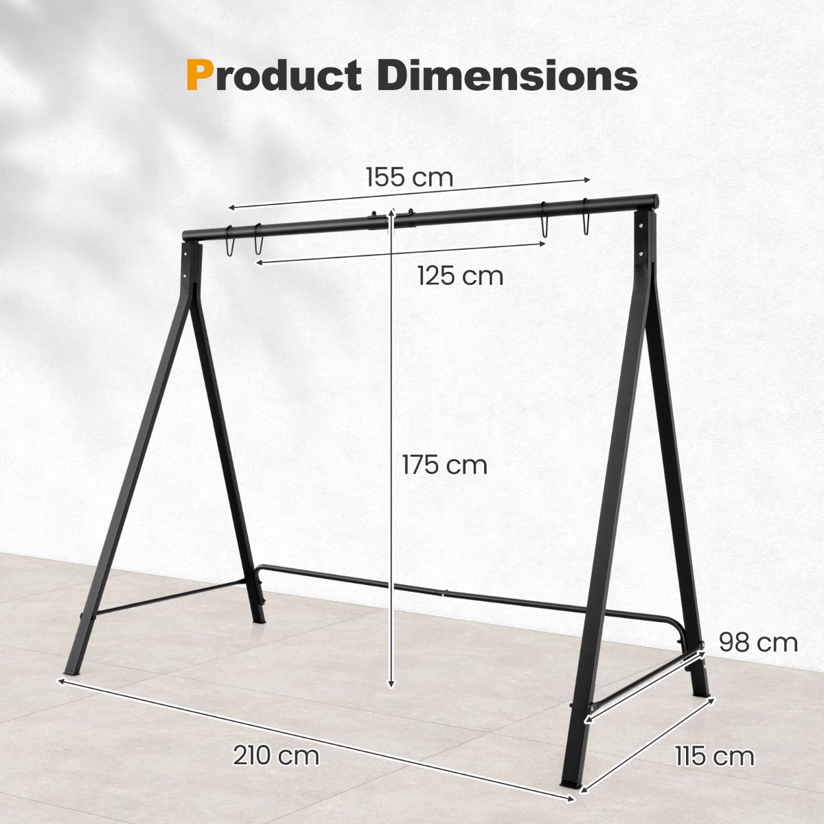Coast Frame voor Schommelbank/Hangstoel - 5 Ophangringen - Metaal Zwart -210 x 115 x 175 cm - Max 160kg