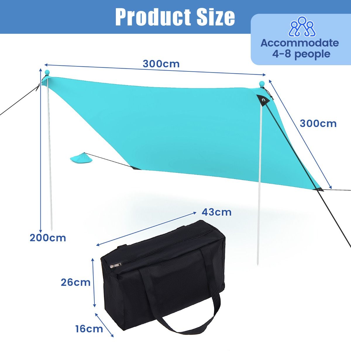 Coast Draagbare Strandtent - Lichtgewicht en UV-Beschermende Luifel voor Strand, Camping en Tuin - 3 x 3 m - Turquoise