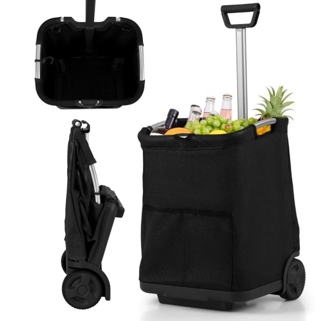 Coast Boodschappentrolley Zwart – Opvouwbare 50L Winkelwagen met 3 Vakken en Verstelbare Handgreep – 40 x 36 x 58/90 cm