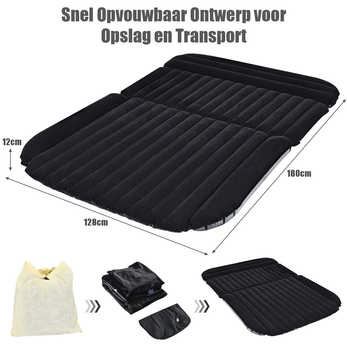 coast Auto Luchtmatras - 180×123×12,5 cm – Zwart – Opblaasbaar Achterbank Luchtbed met Elektrische Pomp