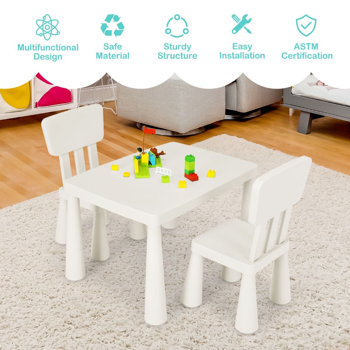Coast 3-Delige Kindertafelset - 1 Tafel met 2 Stoelen - 76.5 x 54.5 x 49.5 cm - Polypropyleen - Wit
