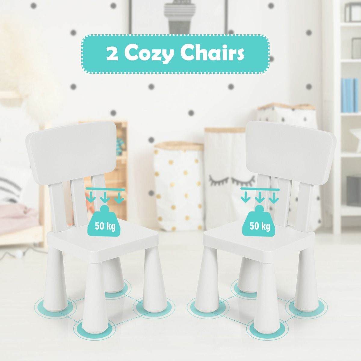 Coast 3-Delige Kindertafelset - 1 Tafel met 2 Stoelen - 76.5 x 54.5 x 49.5 cm - Polypropyleen - Wit