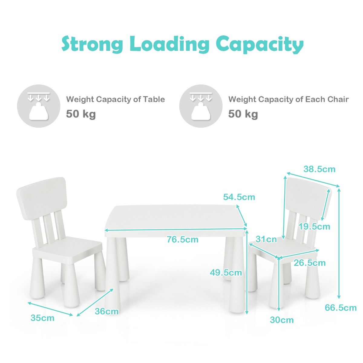 Coast 3-Delige Kindertafelset - 1 Tafel met 2 Stoelen - 76.5 x 54.5 x 49.5 cm - Polypropyleen - Wit