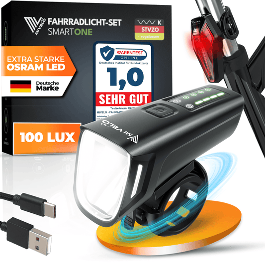 Mivelo Fietsverlichtingsset - Tot 11 uur accuduur - StVZO-goedgekeurd - USB-oplaadbaar - 100% waterdicht - LED voor- en achterlicht - Zwart
