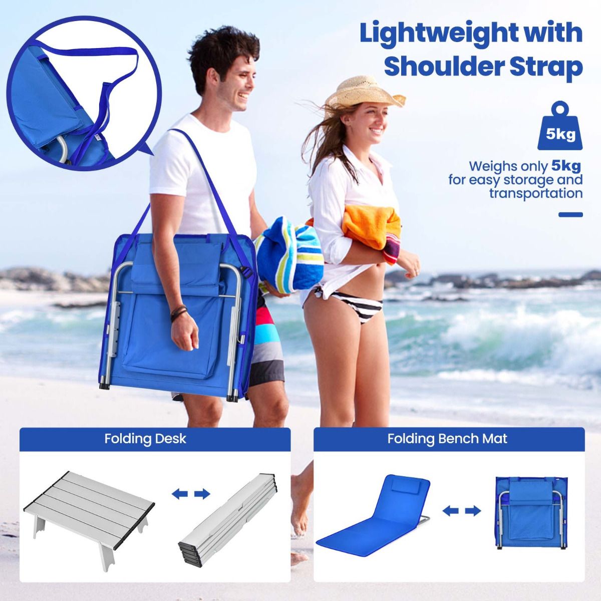 Coast Strandmatten en Bijzettafel - Set van 3 - Blauw - Opvouwbaar