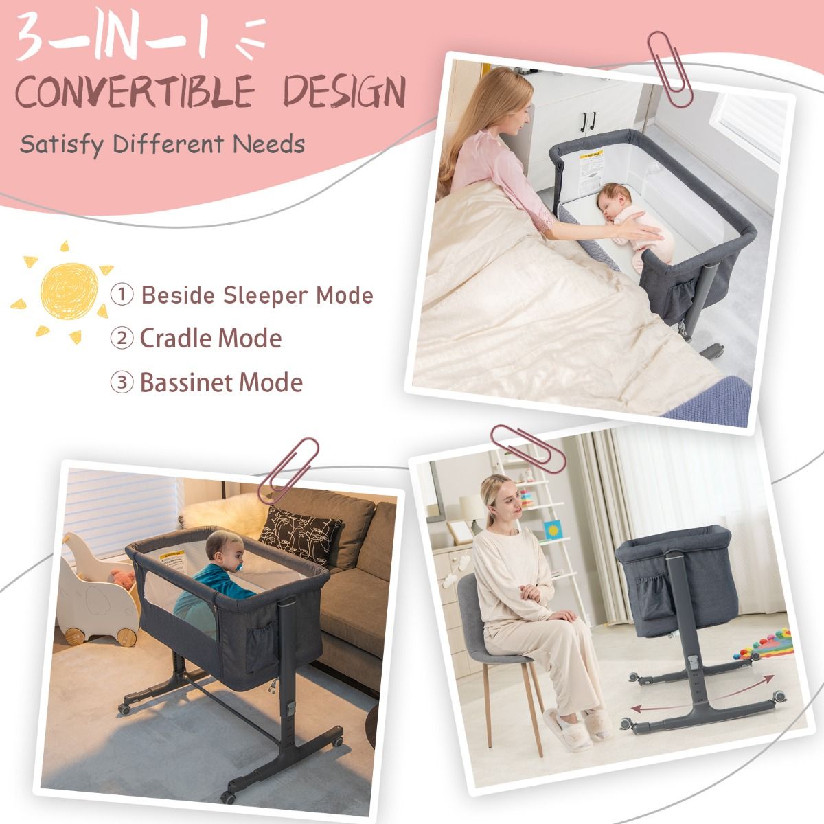 Coast 3-in-1 Baby Wiegje 86x63x67-81 cm – Verstelbaar, Kantelbaar & Draagbaar Bijzetbedje – Grijs