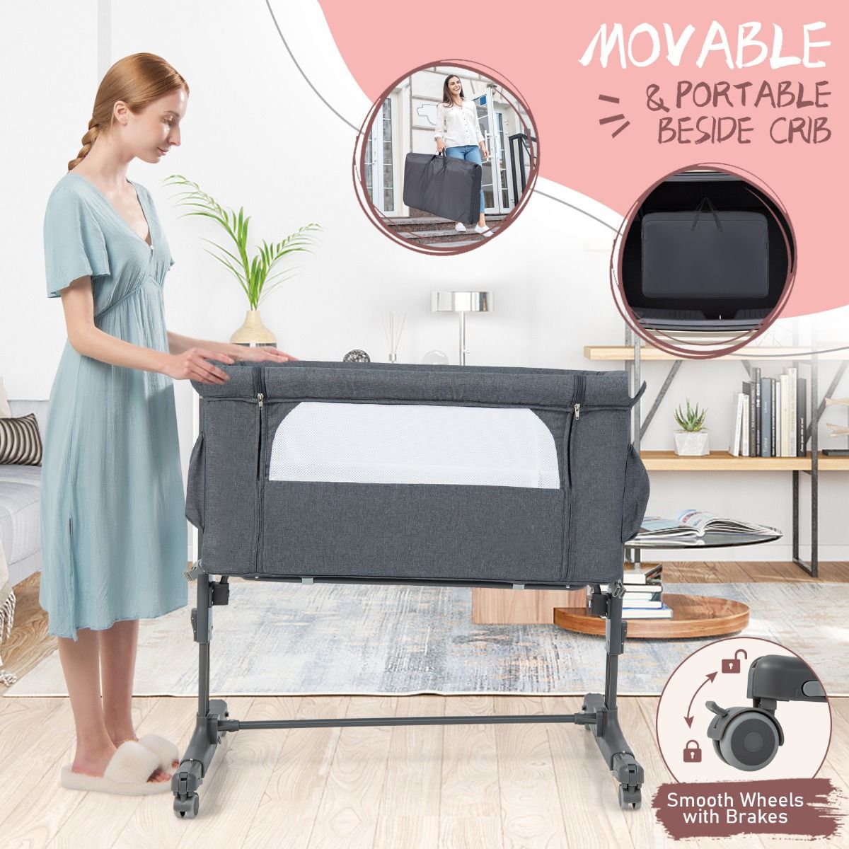 Coast 3-in-1 Baby Wiegje 86x63x67-81 cm – Verstelbaar, Kantelbaar & Draagbaar Bijzetbedje – Grijs