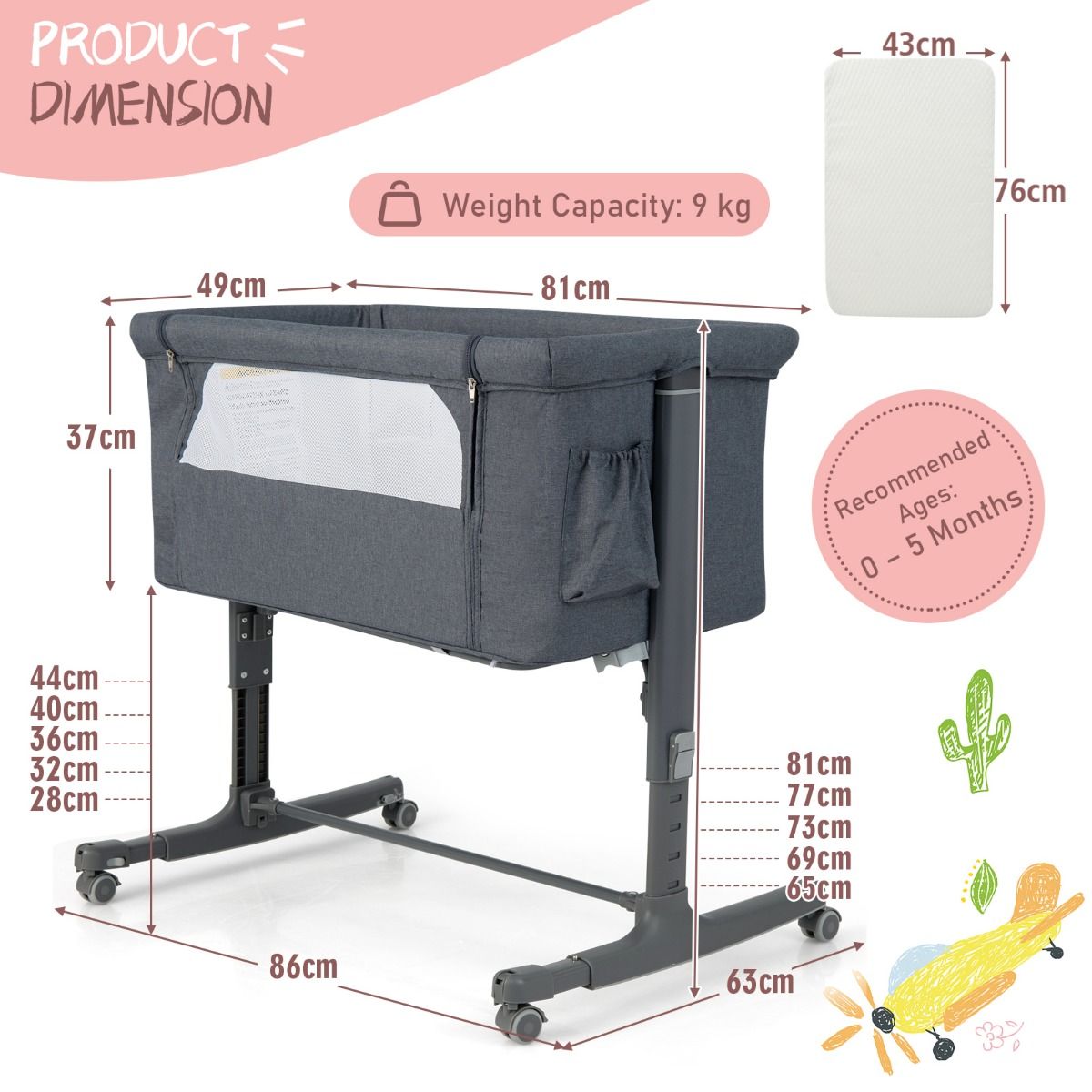 Coast 3-in-1 Baby Wiegje 86x63x67-81 cm – Verstelbaar, Kantelbaar & Draagbaar Bijzetbedje – Grijs
