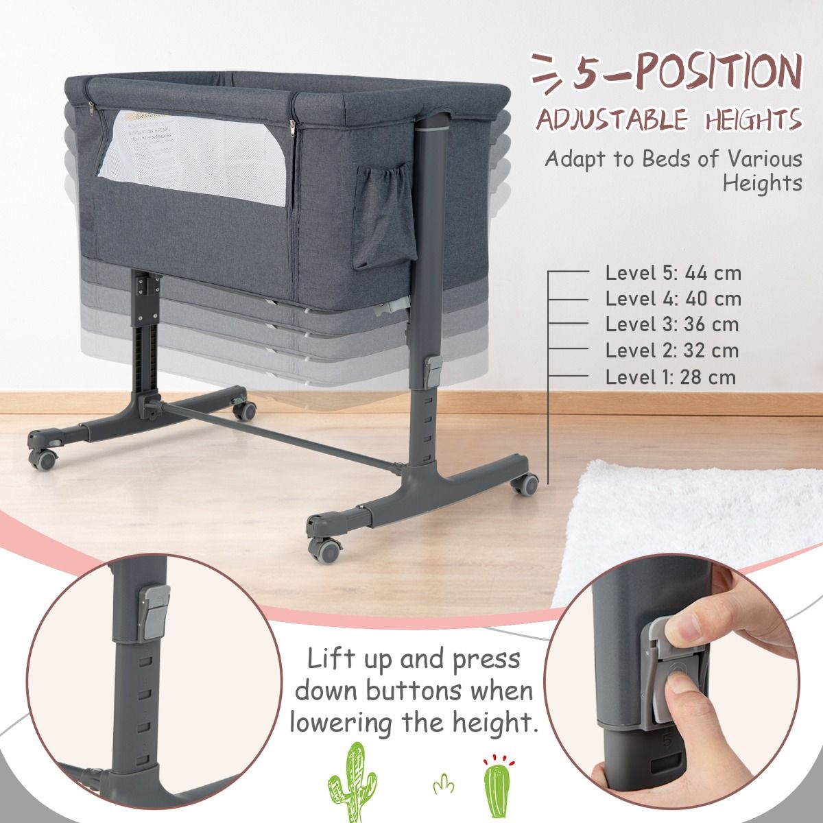 Coast 3-in-1 Baby Wiegje 86x63x67-81 cm – Verstelbaar, Kantelbaar & Draagbaar Bijzetbedje – Grijs