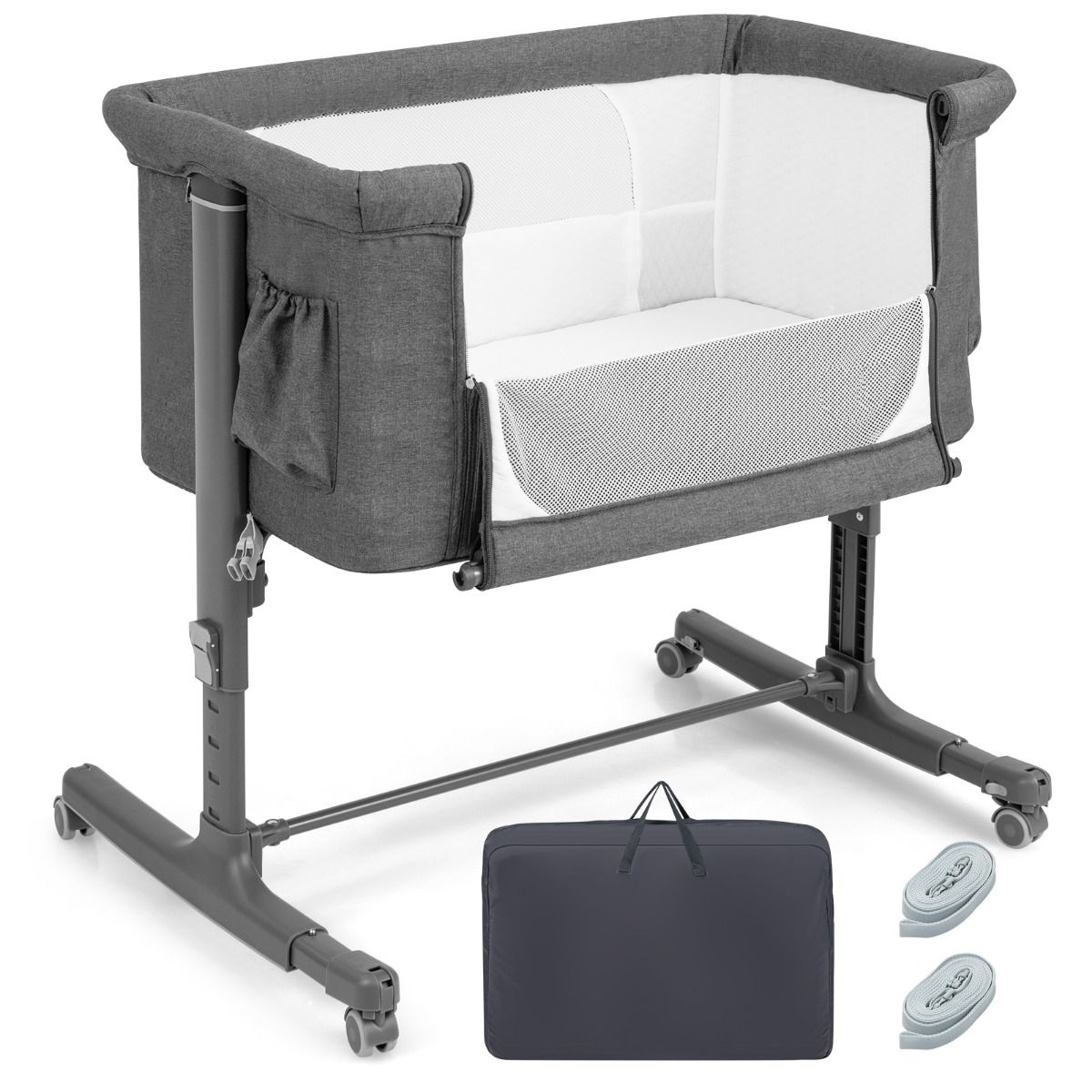 Coast 3-in-1 Baby Wiegje 86x63x67-81 cm – Verstelbaar, Kantelbaar & Draagbaar Bijzetbedje – Grijs