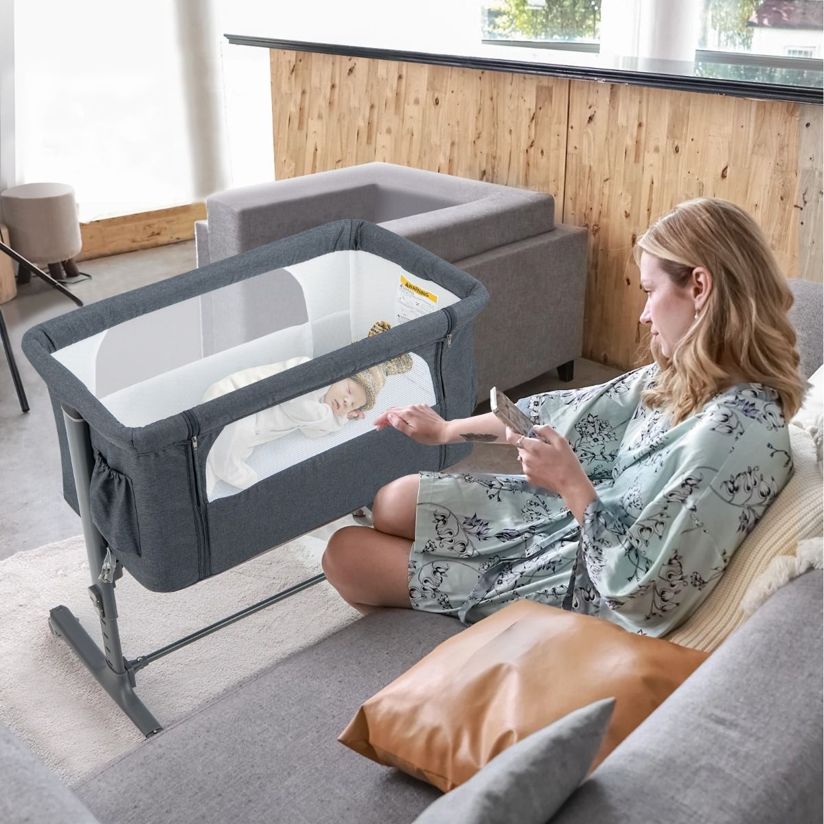 Coast 3-in-1 Baby Wiegje 86x63x67-81 cm – Verstelbaar, Kantelbaar & Draagbaar Bijzetbedje – Grijs