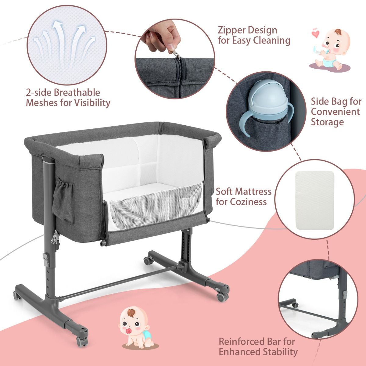 Coast 3-in-1 Baby Wiegje 86x63x67-81 cm – Verstelbaar, Kantelbaar & Draagbaar Bijzetbedje – Grijs