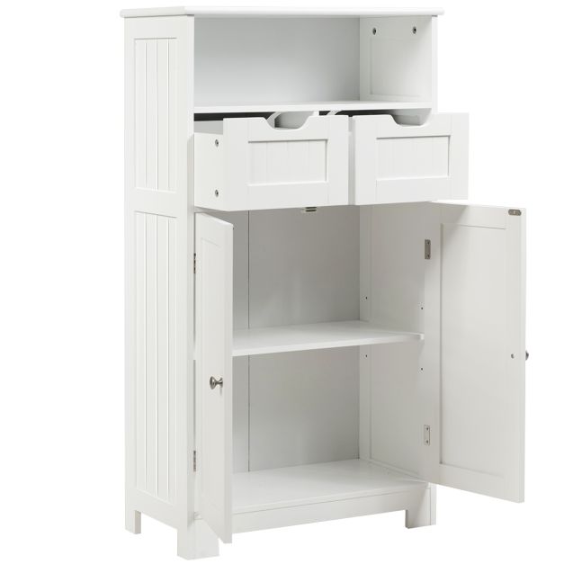 Coast Badkamer Vloerkast Wit – Opbergkast met Open Plank, 2 Deuren en 2 Verstelbare Laden – 60 x 30 x 109 cm