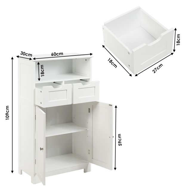 Coast Badkamer Vloerkast Wit – Opbergkast met Open Plank, 2 Deuren en 2 Verstelbare Laden – 60 x 30 x 109 cm