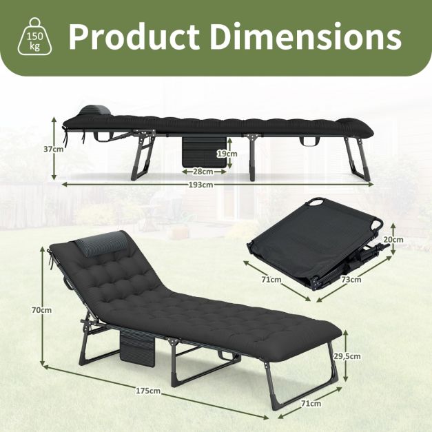 Coast Campingligstoel - Opvouwbaar - Verstelbaar - Matras - Draagbaar - 175 x 71 x 70 cm - Zwart